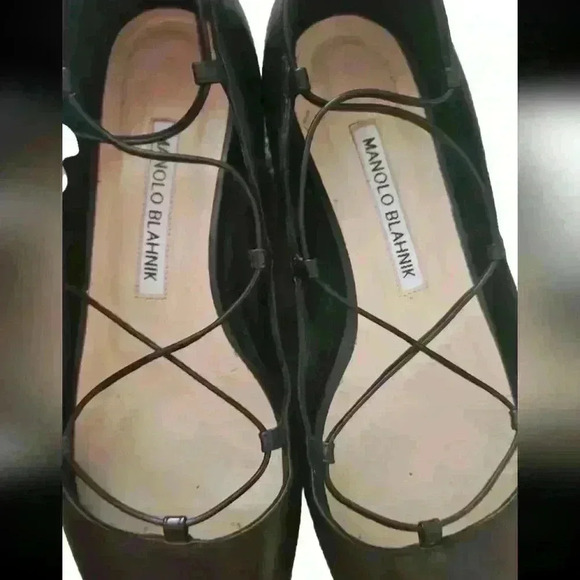 Manolo Blahnik Womens Black Aneska Leather Lace-Up Open-Toe Flat 35.5 (US 5) - Picture 10 of 16